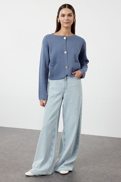 Trendyol Collection Crew Neck Blue Knitwear Cardigan - Jacket Look Twoaw25Hi00066