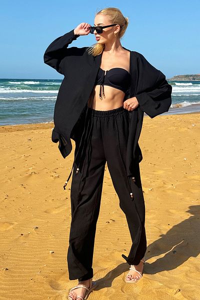 Trend Alaçatı Stili Women's Black Front Lace-Up Kimono Jacket and Palazzo Pants Set Alc-X12452