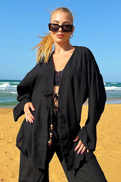 Trend Alaçatı Stili Women's Black Front Lace-Up Kimono Jacket and Palazzo Pants Set Alc-X12452