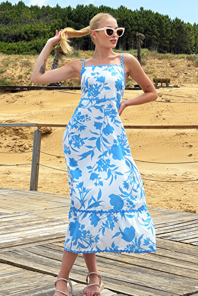 Trend Alaçatı Stili White Poplin Midi Dress - Elastic, Ruffled Skirt, Adjustable Strap ALC-X12456