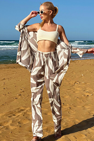 Trend Alaçatı Stili Bézs mintás női kimonó szett - ALC-X12460