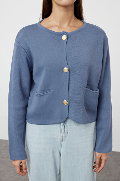 Trendyol Collection Tricotaj albastru cu guler rotund Cardigan - Aspect jachetă TWOAW25HI00066