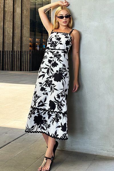 Trend Alaçatı Stili Black Poplin Midi Dress - Adjustable Strap, Elastic Back, Ruffled Skirt ALC-X12456