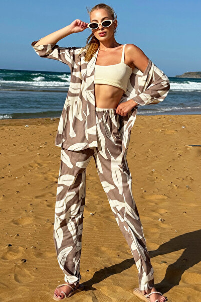 Trend Alaçatı Stili Bézs mintás női kimonó szett - ALC-X12460