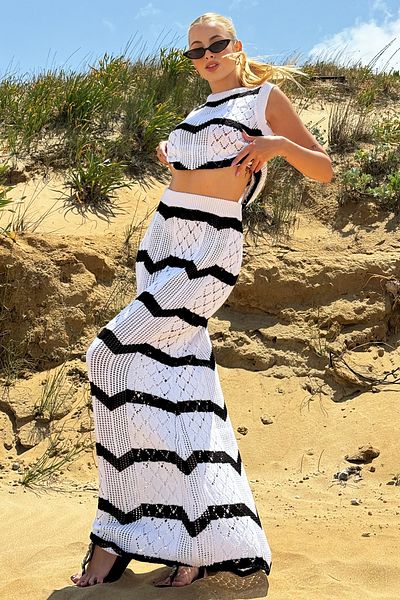 Trend Alaçatı Stili White Block Openwork Knitwear Skirt and Blouse Set - ALC-X12457