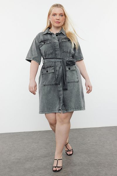Trendyol Curve Sötétkék öv részletes mini farmer ing ruha TBBSS24AH00124