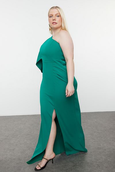 Trendyol Curve Emerald Green One Sleeve Woven Βραδινό Φόρεμα - Ασύμμετρο βραδινό φόρεμα με σκίσιμο/αποφοίτηση/αρραβώνων TBBSS24AD00000