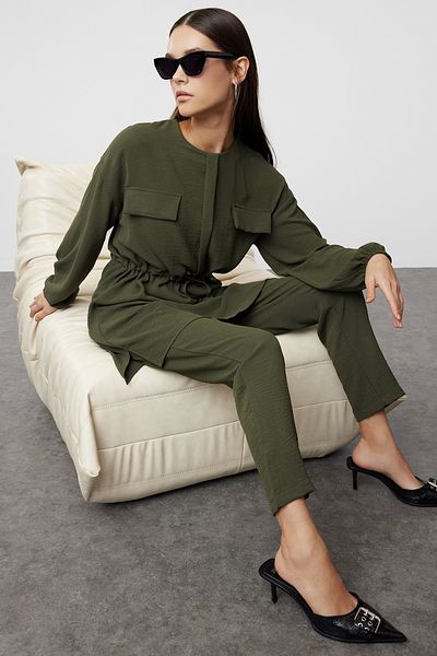 Trendyol Modest Khaki Aerobin Shirt and Trousers Set - Tie-Up Waist, Pocket Detail TCTSS21AU0238