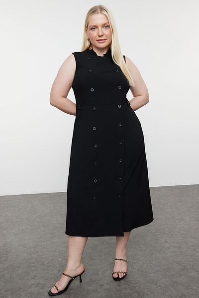Trendyol Curve Šaty s čiernym golierom pre sudcov s gombíkom, Midi Woven Plus Size TBBSS24AH00209