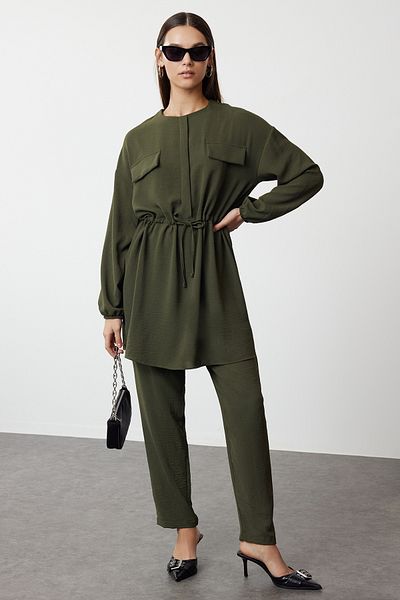 Trendyol Modest Khaki Aerobin Shirt and Trousers Set - Tie-Up Waist, Pocket Detail TCTSS21AU0238