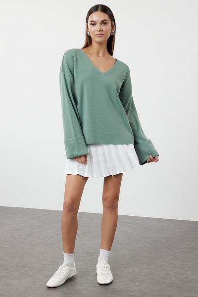 Trendyol Collection Mint Colored Wide Fit - Sleeve Folded Knitwear Sweater TWOAW25KZ00090