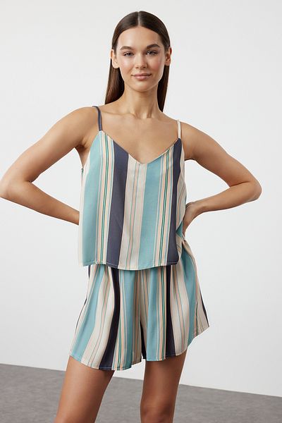 Trendyol Collection Sada viskózového pyžama – modré a vícebarevné pruhy, provazový popruh THMSS23PT00225
