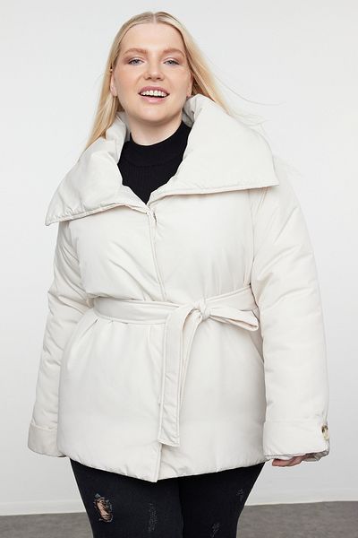 Trendyol Curve Εκρού Regular Fit - Παλτό με φαρδύ γιακά και δέσιμο στη μέση TBBAW25AW00006