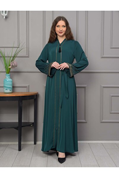 Modamix Diamond Stone Detailed Belted Zippered Abaya Ferace -679