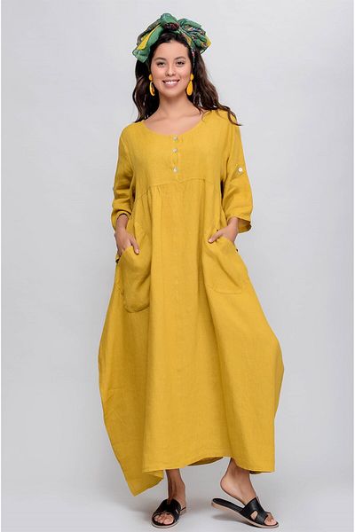 Park Moda 10964 Rochie lungă de in cu trei nasturi