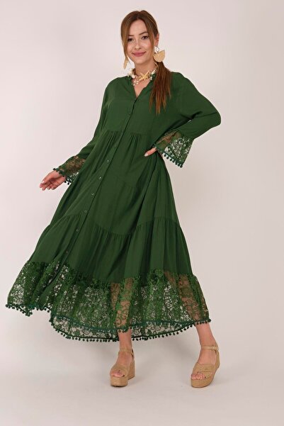 Park Moda AN10459 Дълга рокля с помпон и детайли от дантела