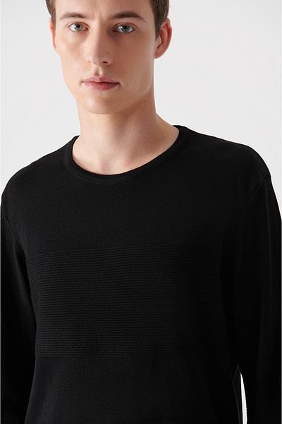 Avva Men's Black Crew Neck Jacquard Sweater A12y5058