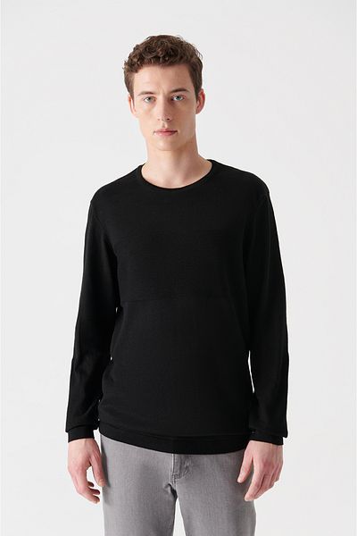 Avva Men's Black Crew Neck Jacquard Sweater A12y5058