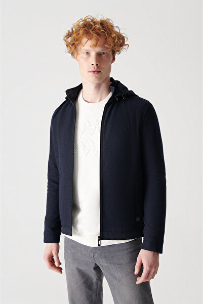 Avva Férfi sötétkék kapucnis galléros oldalsó zsebkabát A12y6047