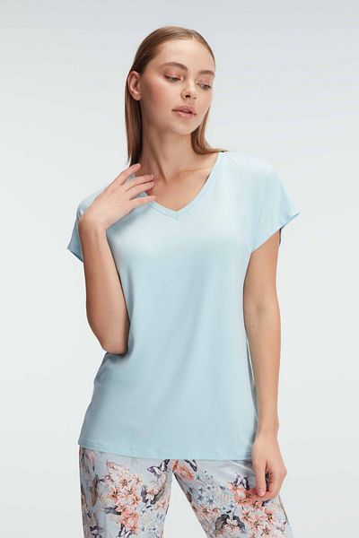 Anıl Set pijamale de vară din viscoză model 9889 pentru femei - mâneci scurte, decolteu în V, model floral și detaliu din dantelă