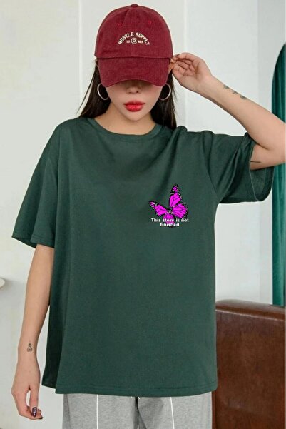 oneagılyazı Ljubičasti leptir Štampano Oversize kroj Žene T-shirt