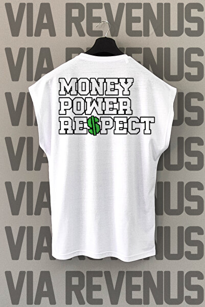 Vordevia Novac Moć Poštovanje Beli Sport T-shirt - Leđa Štampano, Bez Rukava