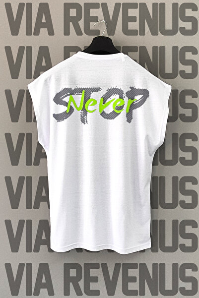 Vordevia Tricou sport alb Never Stop - imprimat pe spate, mâneci zero