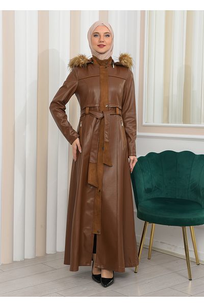 Modamix ZIPPERED FRONT HOODED LEATHER HIJAB COAT 1338