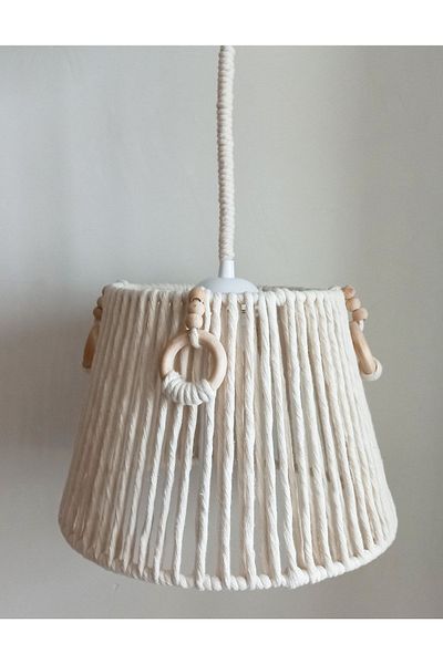 C&A&B KUZEY AVİZE Ecru Macrame Rope Wrap Ring Wooden Bead Design Baby-child-teen Room Pendant Lamp Chandelier