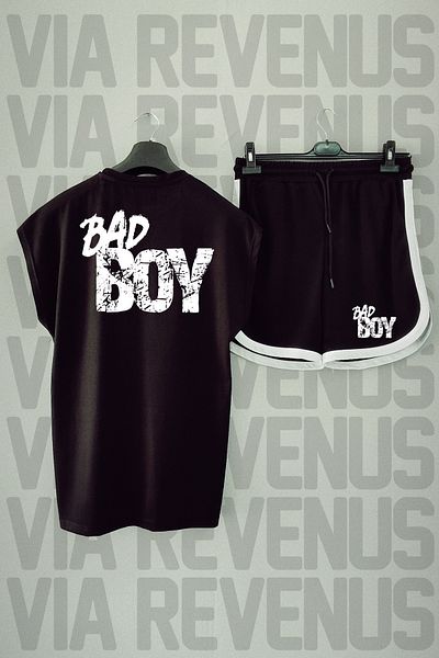 Vordevia Bad Boy Black Sports T-Shirt and Shorts - Back Print, Crew Neck, Zero Sleeve