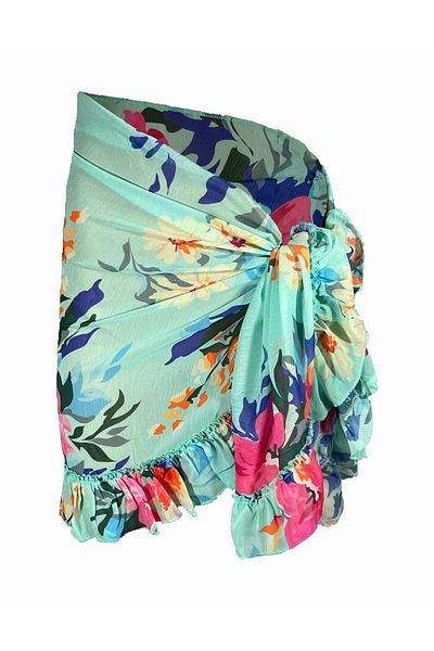 Bolder Frida Turquoise Flower Pattern Short Ruffle Pareo