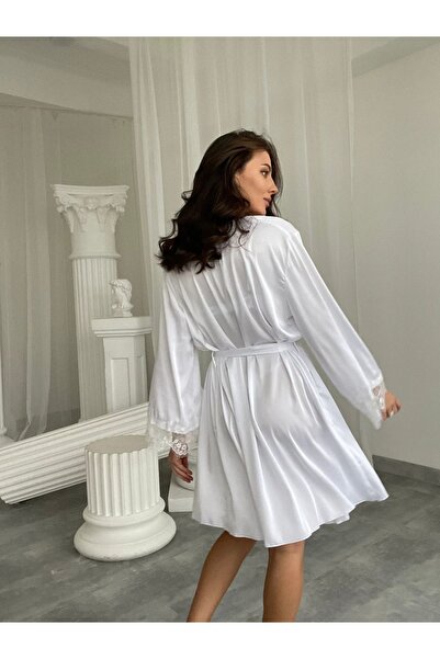 lousa Hedvábný saténový svatební župan s krajkovými rukávy