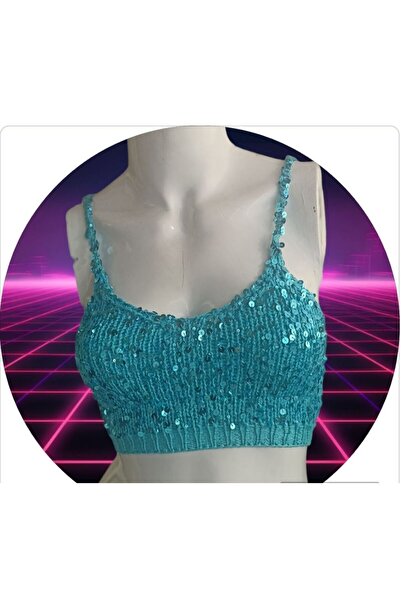 TİA Tia's Pullu Mavi El Örgüsü Crop