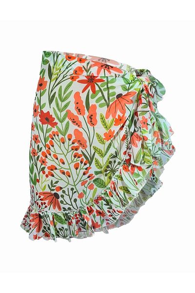 Bolder Green Leaf Pattern Short Ruffle Pareo