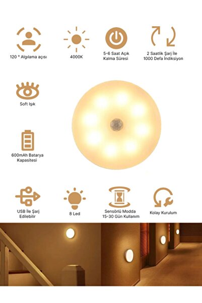 Okalisto Hareket Sensörlü 8 Ledli Sarı Gün Işığı Lamba Usb Şarjlı On/auto/off Modlu Dolap Içi, Koridor 1 Adet