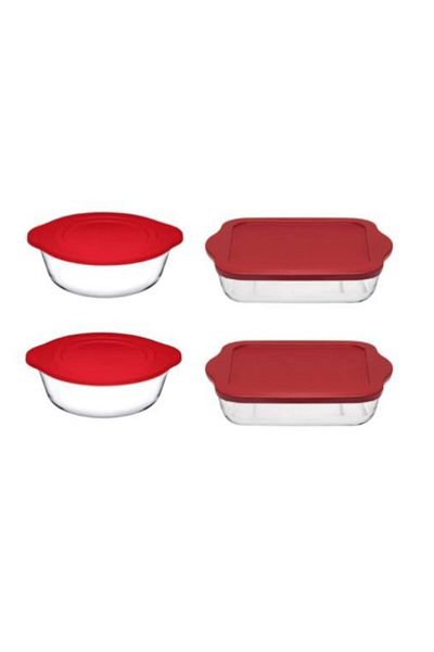 Paşabahçe Red-Lidded Pyrex, 2 Round and 2 Square Storage Containers