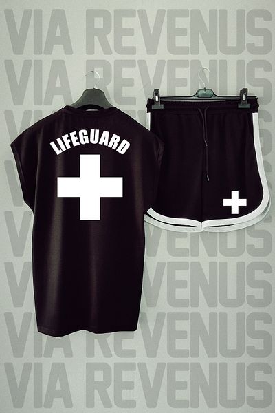Vordevia Lifeguard - Lifeguard Patterned Black Sports T-shirt and Shorts Set, Crew Neck