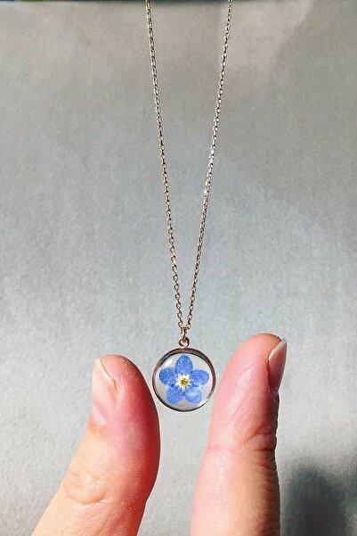 Tabiatabak Gerçek Çiçek Takı Unutma Beni Çiçeği Reçine Kolye Tasarımı Rose Gümüş