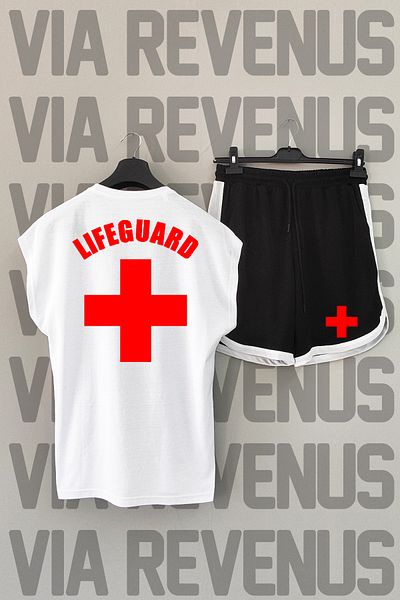 Vordevia Lifeguard - Σετ αθλητικό μπλουζάκι με λευκό λαιμόκοψη και μαύρο σορτς με σχέδιο Lifeguard