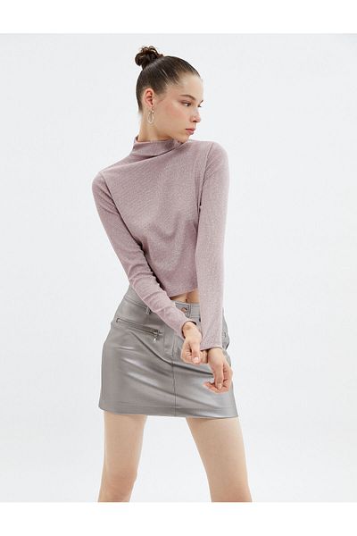 Koton Metallic Glitter Turtleneck Long Sleeve Camisole T-Shirt