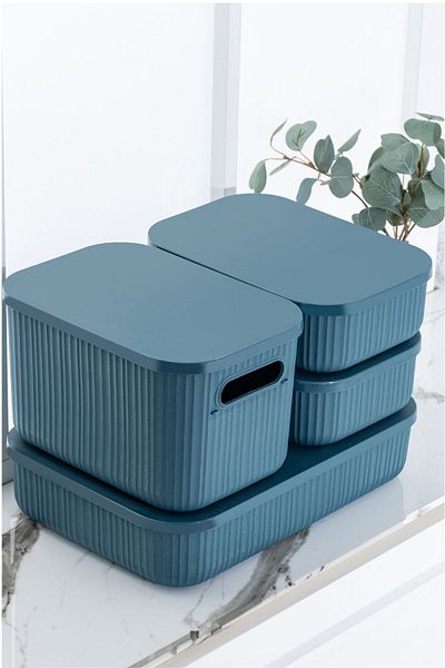 Vienev Blue 4-Piece Storage Box with Line Lid, 6.8 Lt 6.2 Lt 3.2 Lt