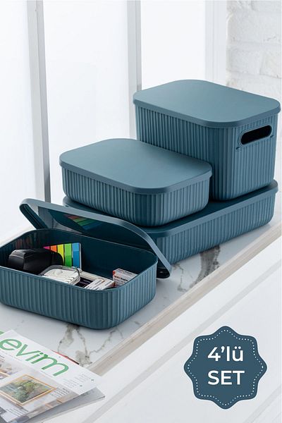 Vienev Blue 4-Piece Storage Box with Line Lid, 6.8 Lt 6.2 Lt 3.2 Lt