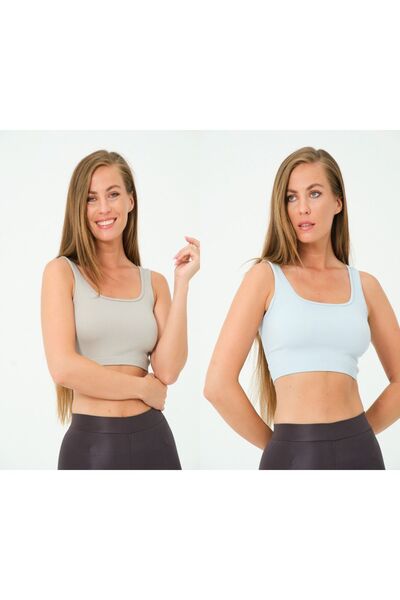Fitilli Seamless Crop Top 2'li kare yaka askılı