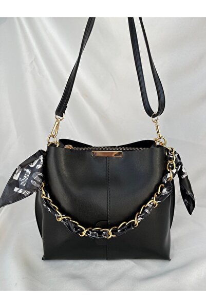 melecco Geantă neagră de damă, cu compartiment, eșarfă, fermoar și închidere ...