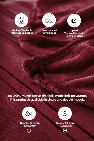 Evlen Home Collection مفرش سرير فردي ناعم من ماير سوبر سوفت - 150x230 سم، أحمر داكن بورجوندي