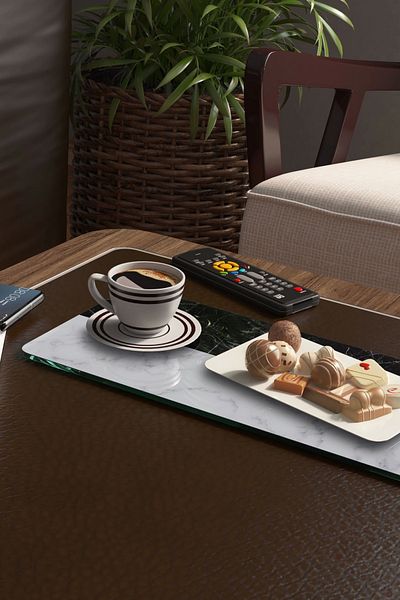 Decovetro Set of 2 Glass Coffee Tableware Presentation Table - Black and White Marble Pattern, 30 x 15 cm