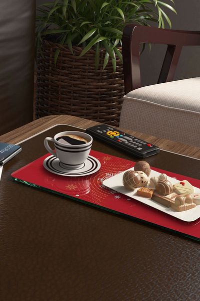 Decovetro Set of 2 Glass Coffee Tableware Presentation Table - Red Snowflake Pattern, 30 x 15 cm