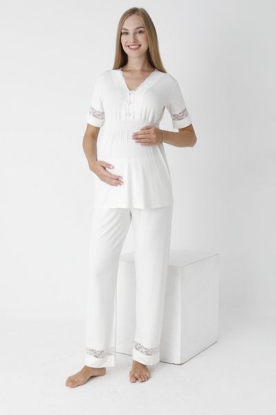 Miss Dünya Lissa V-Neck Lace Detailed Maternity and Maternity Pajamas Set - Buttoned Front, Short Sleeve