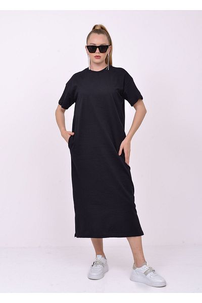 SevdeUgur Γυναικείο μαύρο casual κοντομάνικο καλοκαιρινό χτενισμένο βαμβακερό φόρεμα / Sevde Ugur