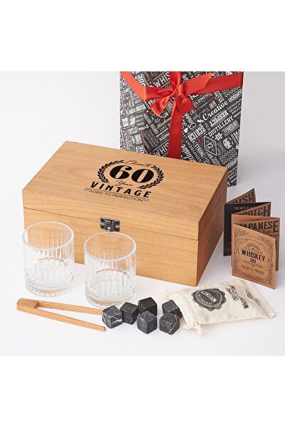 Hediyesepeti 60 Years Old Designed Wooden Boxed 2-Piece Glasgow Whiskey Glass Set + 6 Cooler Stones